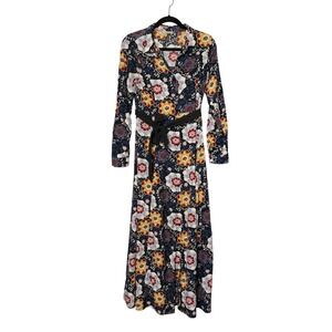 Anany Black Floral Long Sleeve Maxi Dress Size Medium Boho Modest Button Front